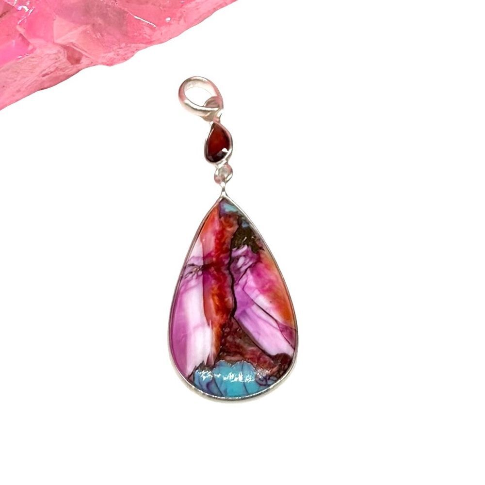 Kingman Pink Dahlia Turquoise Garnet Necklace Pendant Solid 925 Sterling Silver